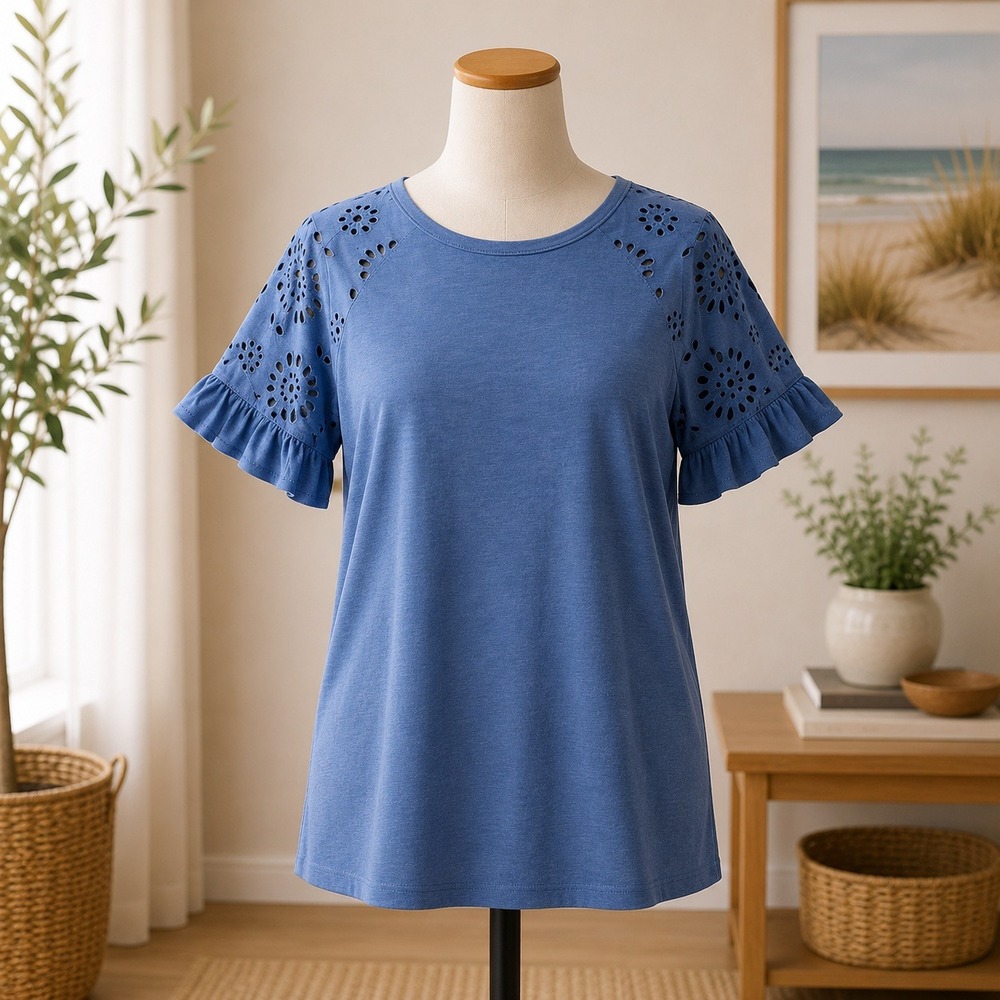 Caslon Blue Moonlight Eyelet Ruffle‎ Sleeve Slub Knit Top XS CN497474MI